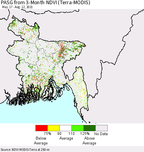 Bangladesh PASG from 3-Month NDVI (Terra-MODIS) Thematic Map For 8/5/2021 - 8/12/2021