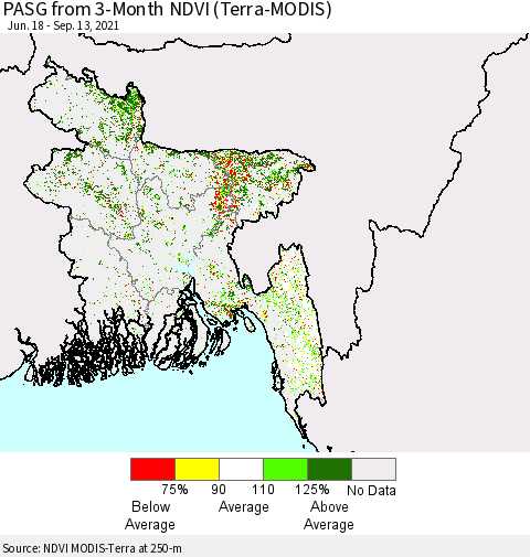Bangladesh PASG from 3-Month NDVI (Terra-MODIS) Thematic Map For 9/6/2021 - 9/13/2021