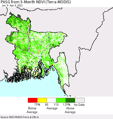 Bangladesh PASG from 3-Month NDVI (Terra-MODIS) Thematic Map For 3/30/2022 - 4/6/2022