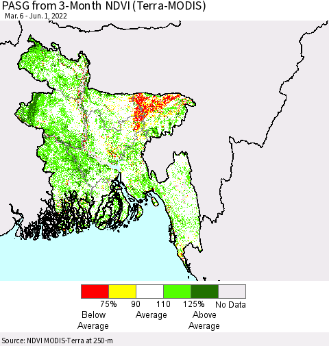 Bangladesh PASG from 3-Month NDVI (Terra-MODIS) Thematic Map For 5/25/2022 - 6/1/2022
