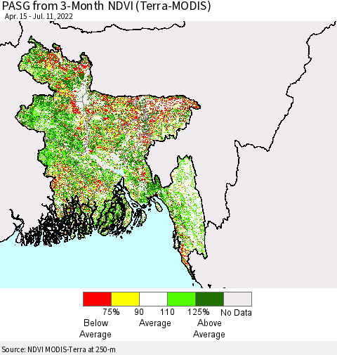 Bangladesh PASG from 3-Month NDVI (Terra-MODIS) Thematic Map For 7/4/2022 - 7/11/2022