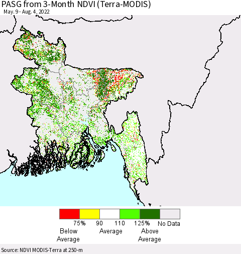 Bangladesh PASG from 3-Month NDVI (Terra-MODIS) Thematic Map For 7/28/2022 - 8/4/2022