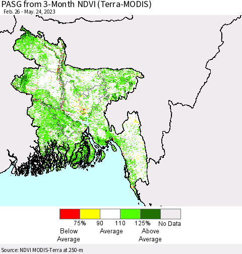 Bangladesh PASG from 3-Month NDVI (Terra-MODIS) Thematic Map For 5/17/2023 - 5/24/2023