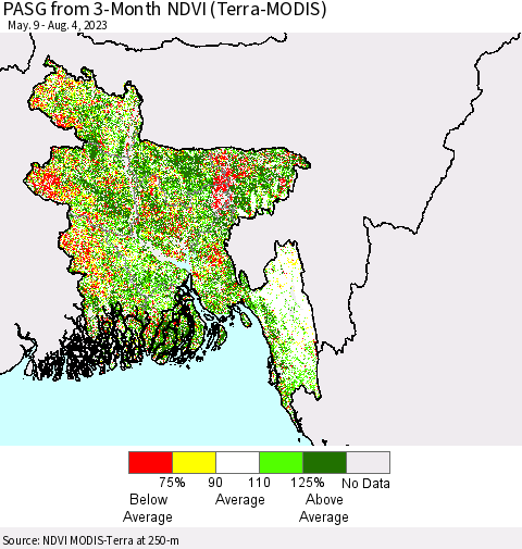 Bangladesh PASG from 3-Month NDVI (Terra-MODIS) Thematic Map For 7/28/2023 - 8/4/2023