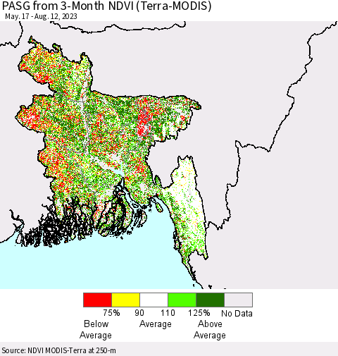 Bangladesh PASG from 3-Month NDVI (Terra-MODIS) Thematic Map For 8/5/2023 - 8/12/2023