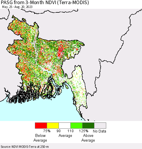 Bangladesh PASG from 3-Month NDVI (Terra-MODIS) Thematic Map For 8/13/2023 - 8/20/2023