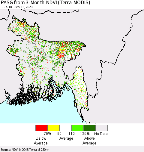 Bangladesh PASG from 3-Month NDVI (Terra-MODIS) Thematic Map For 9/6/2023 - 9/13/2023