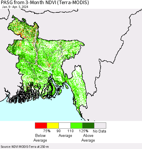 Bangladesh PASG from 3-Month NDVI (Terra-MODIS) Thematic Map For 3/29/2024 - 4/5/2024