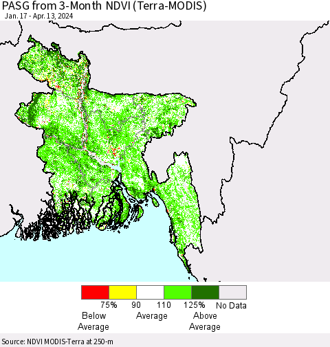 Bangladesh PASG from 3-Month NDVI (Terra-MODIS) Thematic Map For 4/6/2024 - 4/13/2024