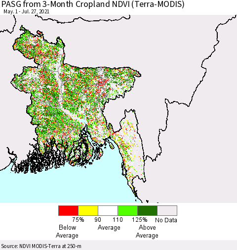 Bangladesh PASG from 3-Month Cropland NDVI (Terra-MODIS) Thematic Map For 7/20/2021 - 7/27/2021