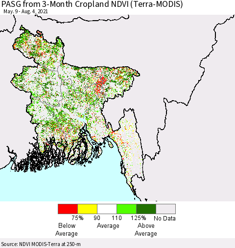 Bangladesh PASG from 3-Month Cropland NDVI (Terra-MODIS) Thematic Map For 7/28/2021 - 8/4/2021