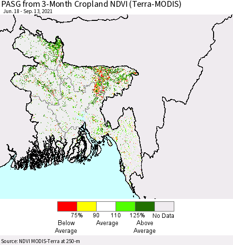 Bangladesh PASG from 3-Month Cropland NDVI (Terra-MODIS) Thematic Map For 9/6/2021 - 9/13/2021