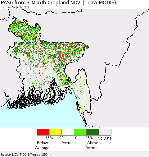 Bangladesh PASG from 3-Month Cropland NDVI (Terra-MODIS) Thematic Map For 9/22/2021 - 9/29/2021