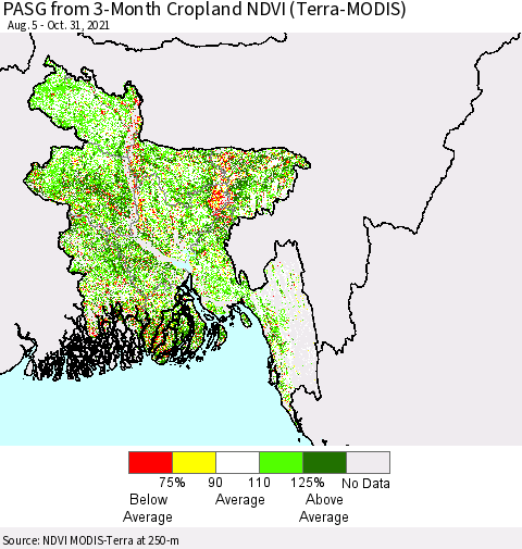 Bangladesh PASG from 3-Month Cropland NDVI (Terra-MODIS) Thematic Map For 10/24/2021 - 10/31/2021