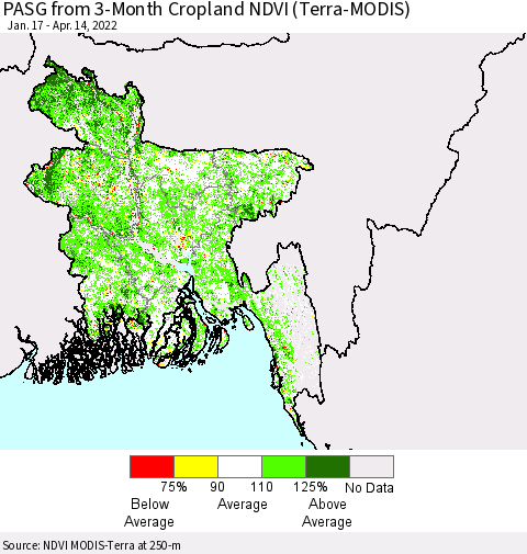 Bangladesh PASG from 3-Month Cropland NDVI (Terra-MODIS) Thematic Map For 4/7/2022 - 4/14/2022