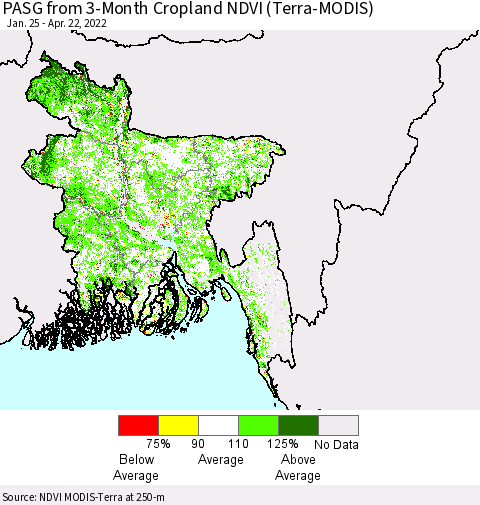 Bangladesh PASG from 3-Month Cropland NDVI (Terra-MODIS) Thematic Map For 4/15/2022 - 4/22/2022