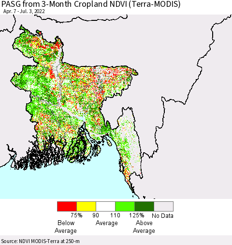 Bangladesh PASG from 3-Month Cropland NDVI (Terra-MODIS) Thematic Map For 6/26/2022 - 7/3/2022