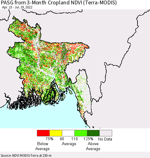 Bangladesh PASG from 3-Month Cropland NDVI (Terra-MODIS) Thematic Map For 7/12/2022 - 7/19/2022
