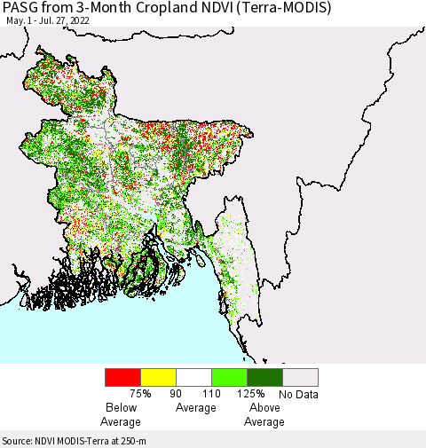Bangladesh PASG from 3-Month Cropland NDVI (Terra-MODIS) Thematic Map For 7/20/2022 - 7/27/2022