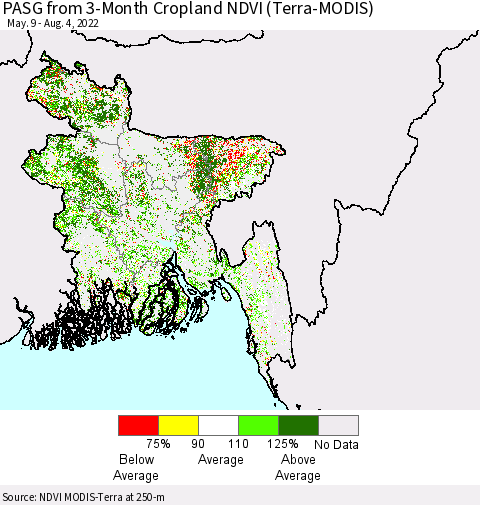 Bangladesh PASG from 3-Month Cropland NDVI (Terra-MODIS) Thematic Map For 7/28/2022 - 8/4/2022