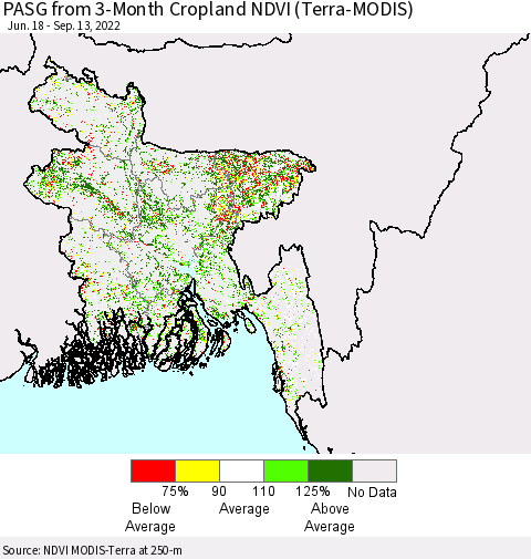 Bangladesh PASG from 3-Month Cropland NDVI (Terra-MODIS) Thematic Map For 9/6/2022 - 9/13/2022