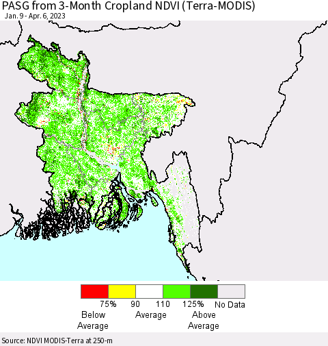 Bangladesh PASG from 3-Month Cropland NDVI (Terra-MODIS) Thematic Map For 3/30/2023 - 4/6/2023