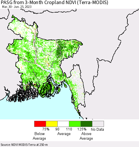 Bangladesh PASG from 3-Month Cropland NDVI (Terra-MODIS) Thematic Map For 6/18/2023 - 6/25/2023