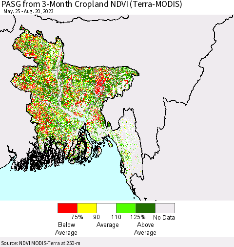 Bangladesh PASG from 3-Month Cropland NDVI (Terra-MODIS) Thematic Map For 8/13/2023 - 8/20/2023
