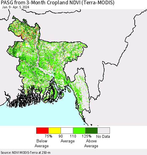 Bangladesh PASG from 3-Month Cropland NDVI (Terra-MODIS) Thematic Map For 3/29/2024 - 4/5/2024