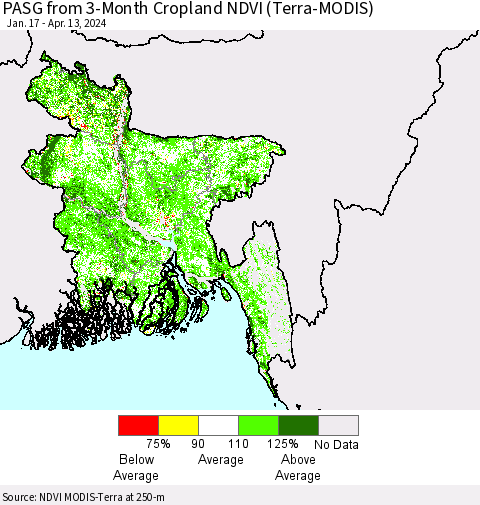 Bangladesh PASG from 3-Month Cropland NDVI (Terra-MODIS) Thematic Map For 4/6/2024 - 4/13/2024