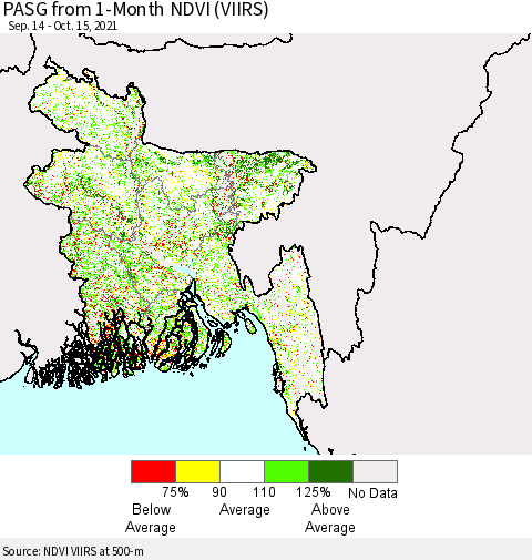 Bangladesh PASG from 1-Month NDVI (VIIRS) Thematic Map For 10/8/2021 - 10/15/2021