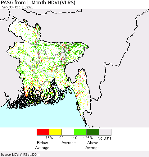 Bangladesh PASG from 1-Month NDVI (VIIRS) Thematic Map For 10/24/2021 - 10/31/2021