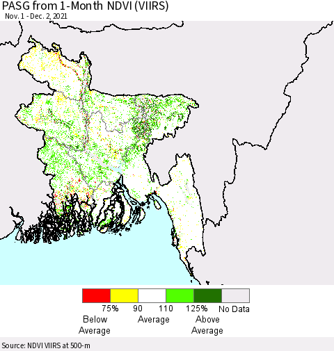 Bangladesh PASG from 1-Month NDVI (VIIRS) Thematic Map For 11/25/2021 - 12/2/2021