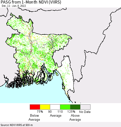 Bangladesh PASG from 1-Month NDVI (VIIRS) Thematic Map For 1/1/2022 - 1/8/2022