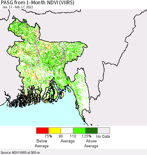 Bangladesh PASG from 1-Month NDVI (VIIRS) Thematic Map For 2/10/2022 - 2/17/2022
