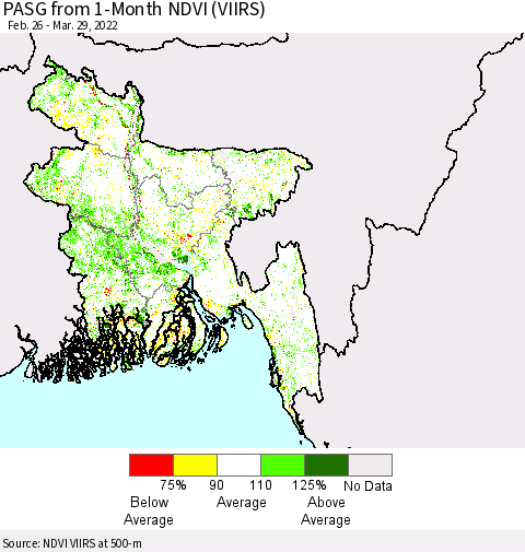 Bangladesh PASG from 1-Month NDVI (VIIRS) Thematic Map For 3/22/2022 - 3/29/2022