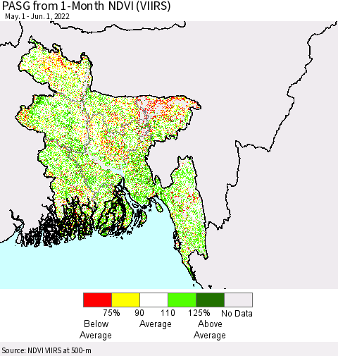 Bangladesh PASG from 1-Month NDVI (VIIRS) Thematic Map For 5/25/2022 - 6/1/2022