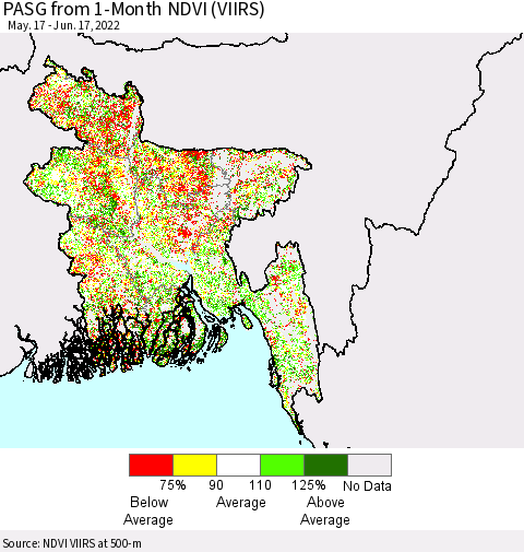 Bangladesh PASG from 1-Month NDVI (VIIRS) Thematic Map For 6/10/2022 - 6/17/2022