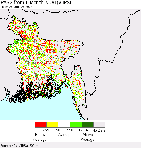 Bangladesh PASG from 1-Month NDVI (VIIRS) Thematic Map For 6/18/2022 - 6/25/2022