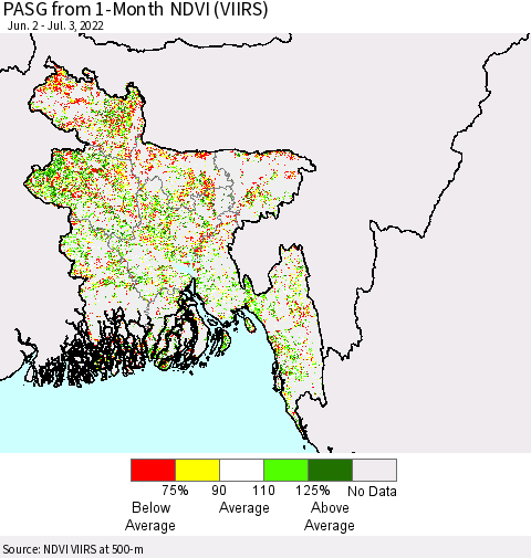 Bangladesh PASG from 1-Month NDVI (VIIRS) Thematic Map For 6/26/2022 - 7/3/2022