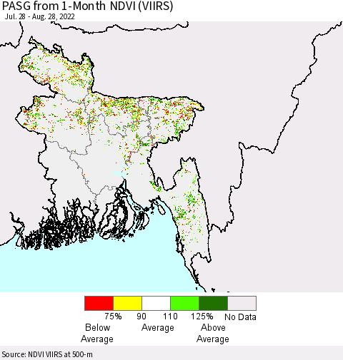 Bangladesh PASG from 1-Month NDVI (VIIRS) Thematic Map For 8/21/2022 - 8/28/2022