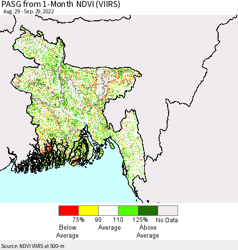 Bangladesh PASG from 1-Month NDVI (VIIRS) Thematic Map For 9/22/2022 - 9/29/2022