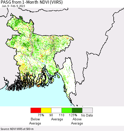Bangladesh PASG from 1-Month NDVI (VIIRS) Thematic Map For 2/2/2023 - 2/9/2023