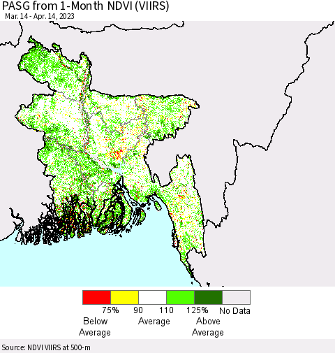 Bangladesh PASG from 1-Month NDVI (VIIRS) Thematic Map For 4/7/2023 - 4/14/2023