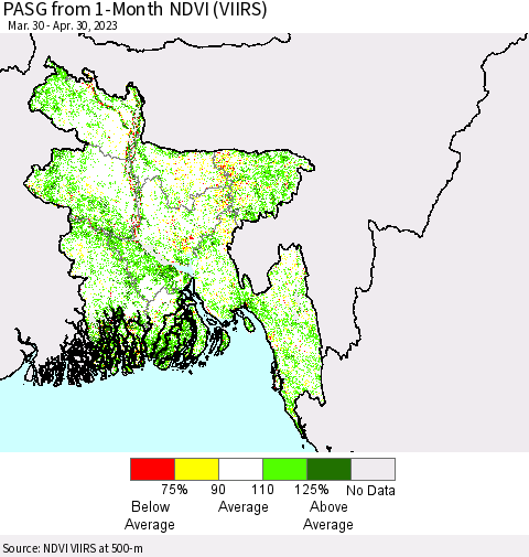 Bangladesh PASG from 1-Month NDVI (VIIRS) Thematic Map For 4/23/2023 - 4/30/2023