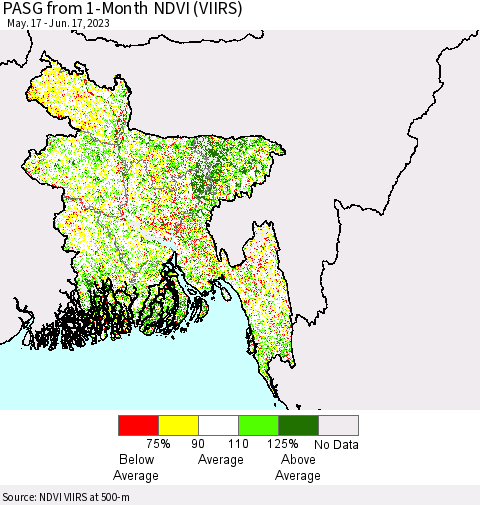 Bangladesh PASG from 1-Month NDVI (VIIRS) Thematic Map For 6/10/2023 - 6/17/2023