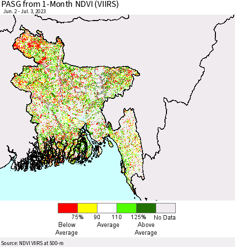 Bangladesh PASG from 1-Month NDVI (VIIRS) Thematic Map For 6/26/2023 - 7/3/2023