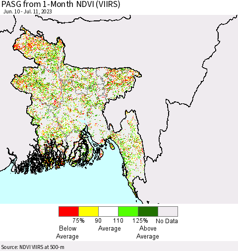 Bangladesh PASG from 1-Month NDVI (VIIRS) Thematic Map For 7/4/2023 - 7/11/2023