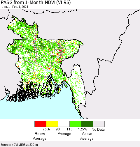 Bangladesh PASG from 1-Month NDVI (VIIRS) Thematic Map For 1/25/2024 - 2/1/2024