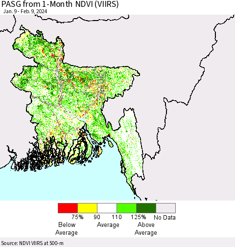 Bangladesh PASG from 1-Month NDVI (VIIRS) Thematic Map For 2/2/2024 - 2/9/2024